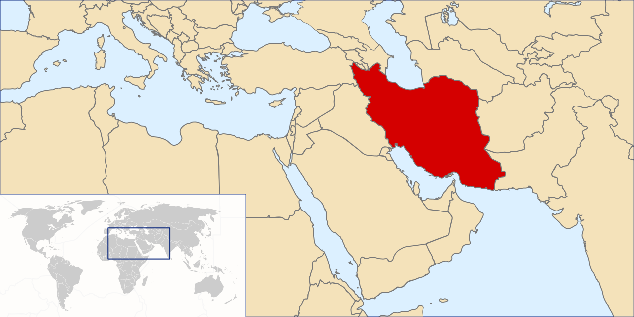 Mappa con l’Iran evidenziato tra Medio Oriente, Asia centrale e Asia meridionale
